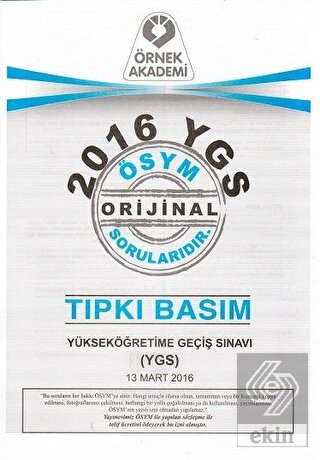 2016 YGS ÖSYM Tıpkı Basım Soru Kitapçığı