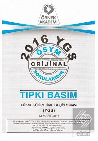 2016 YGS ÖSYM Tıpkı Basım Soru Kitapçığı