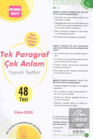 Ortaokul Düzeyi Tek Paragraf Çok Anlam Yaprak Test Didem Elmas Palme Y