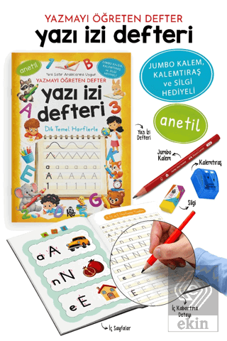Yazı İzi Defteri - Yazmayı Öğreten Defter - Jumbo Kalem, Kalemtıraş ve Silgi Hediyeli
